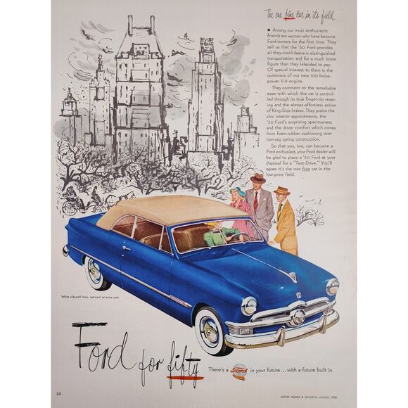 1950 Ford Blue Sedan‎ MCM Cityscape Happy Woman Ford Owner Vtg Print Ad - Picture 1 of 6